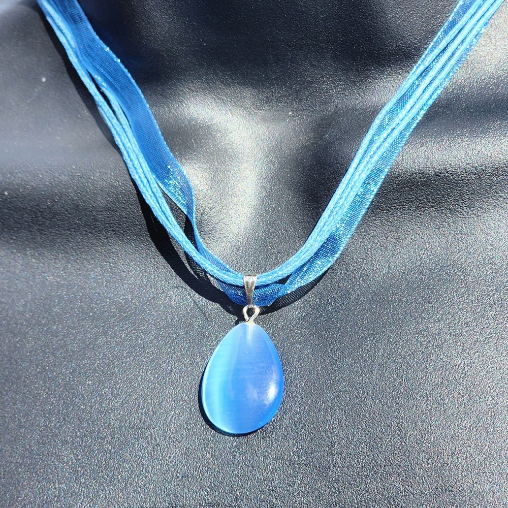 Cats Eye Gemstone Pendant Adjustable Ribbon Necklace Indigo Purple Blue